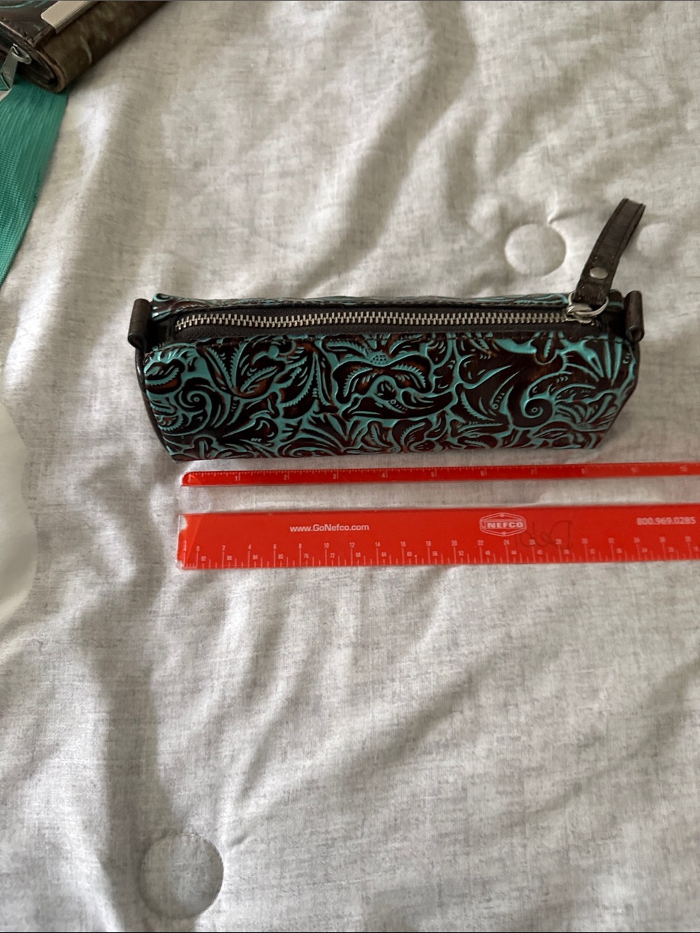 Patricia Nash Turquoise & Brown Tooled Leather Mini Wristlet